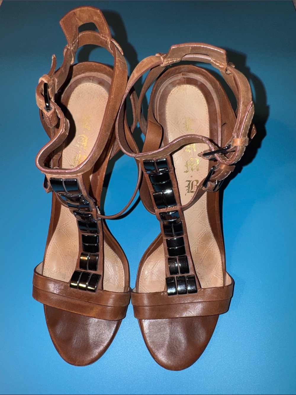 L.A.M.B. Brown Genuine Leather Heels Strappy Sandals Size 9M - Picture 4 of 9